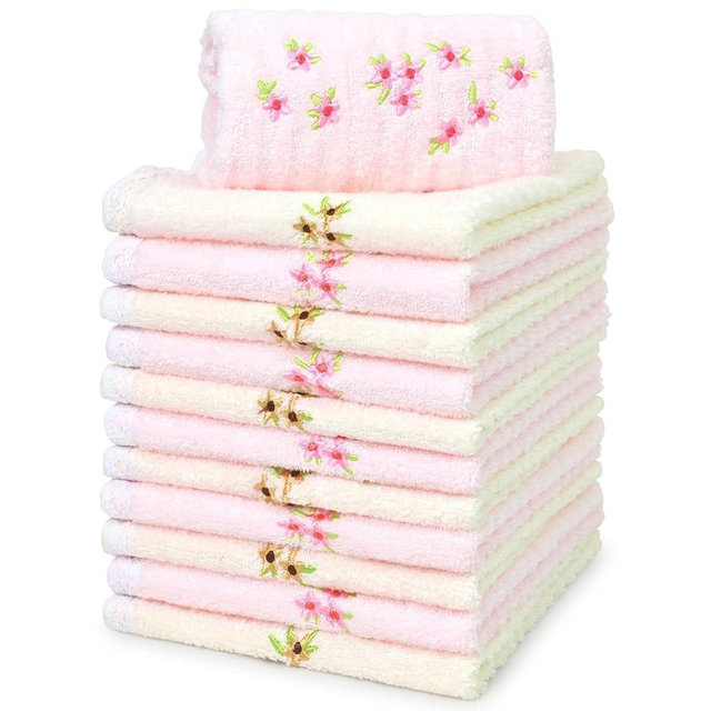 Jacquotha Bathroom Washcloths Face Towels 12 Pack, Floral Embroidered, Cotton, Pink & Cream 13” x 13"