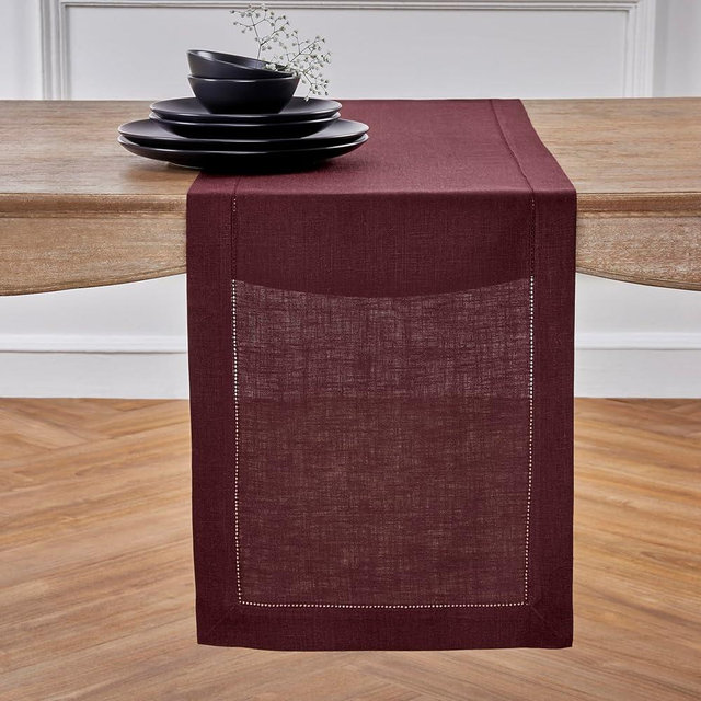 Solino Home Linen Burgundy Table Runner 72 Inches Long - 100% Pure Linen Hemstitch Table Runner 14 x 72 Inch for Dresser, Dining, Winter, Mothers Day - Classic Hemstitch