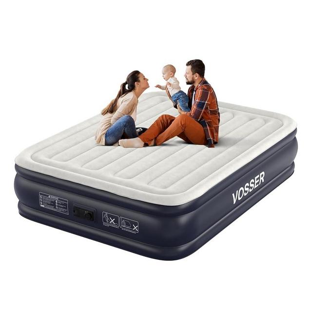 VOSSER Air Mattress Queen with Built in Pump,18'' Inflatable Mattress of Vertical Beams,Self Inflatable/Deflation Blow Up Mattress in 3 Mins,Flocked Top Airbed with Carry Bag for Home, Camping