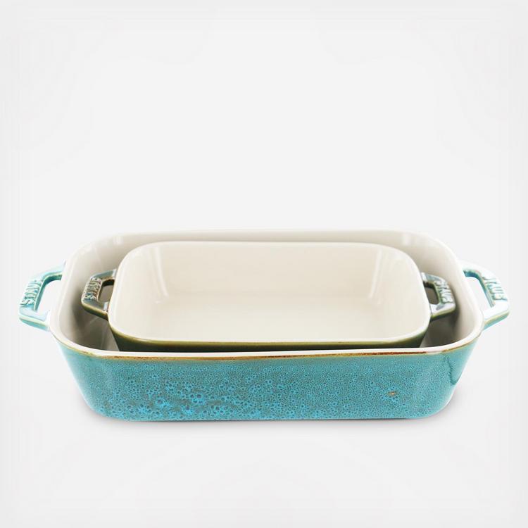Staub Ceramic 2-pc Rectangular Baking Dish Set, Rustic Turquoise