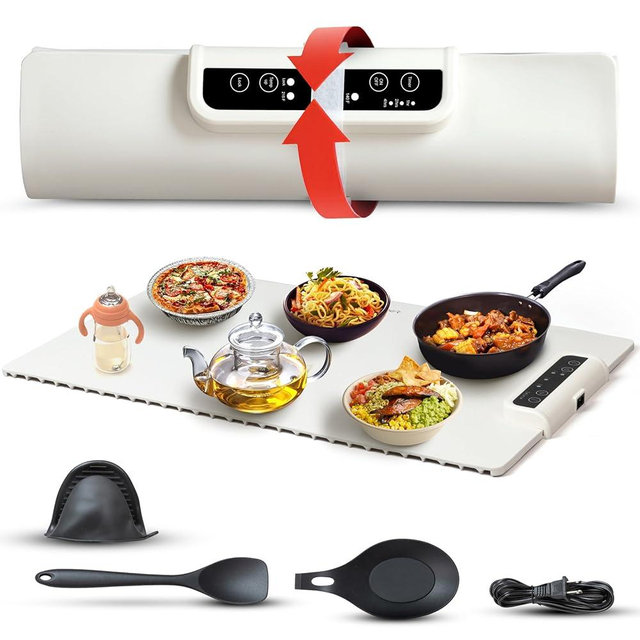 Rollerup 2024 Electric Food Warming Mat - Portable Silicone Tray w/Fast Heating, Best Kitchen Gadget to Keep Food Warm for Parties, Buffets, Serving, & Thawing - Silicone Accessories Included