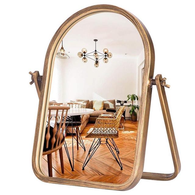 Geloo Vintage Vanity Table Mirror-Desk Makeup Mirror Golden Metal Framed Small Stand Mirrors 360 Adjustable Rotation for Tabletop,Office,Bedroom,Bathroom,Living Room,Antique 11.8'' x 7.8''