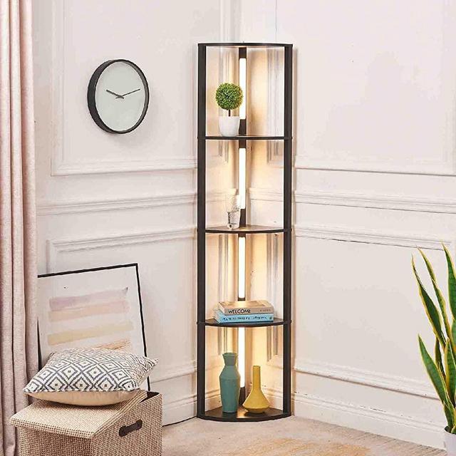 FENLO 64" Corner Shelf Floor Lamps for Living Rooms, Dimmable LED Curio Cabinets Standing Lamp with Display Shelf, Tall Floor Lamp with Shelves, Sturdy Corner Display Cabinet - Fancy Edge Black