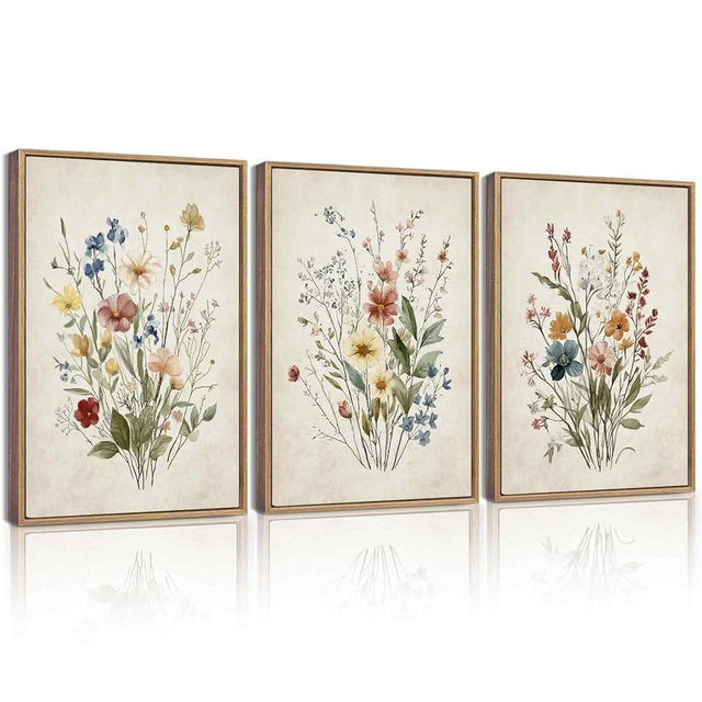 KUVIOKE Vintage Wildflower Bouquet Antique Framed Wall Art Retro Flower Botanical Pictures Colorful Floral Hanging Bedroom Dining Living Room Decor 11x14in (Natural Framed)