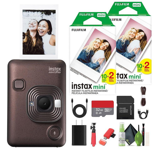 Fujifilm INSTAX Mini LiPlay Hybrid Instant Camera Bundle with 2X Fuji Instax Mini Instant Film 40 Sheets, 32GB Micro SD Card + Cleaning Kit + Flexible Tripod + More Accessories (Deep Bronze)