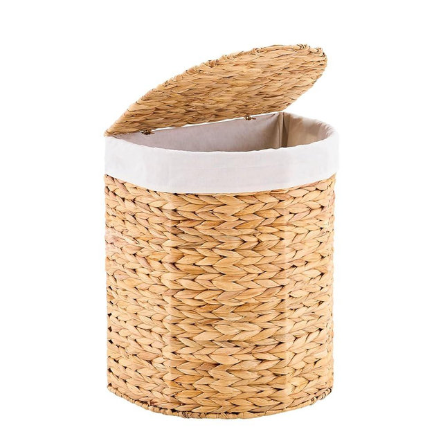LGENHOOM Water Hyacinth Laundry Hamper with lid, Half Moon Shape with 2 Removable Cloth Bags, Handwoven Boho Wicker Basket for Laundry Organization, Natural