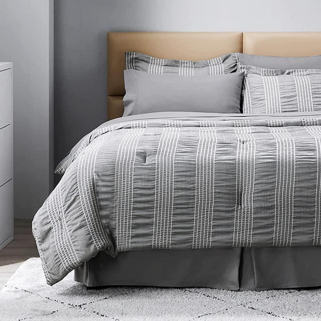 Bedsure King Comforter Set 8 Piece Bed in A Bag Stripes Seersucker Soft Lightweight Down Alternative Smoky Grey Bedding Set 102x90 inch