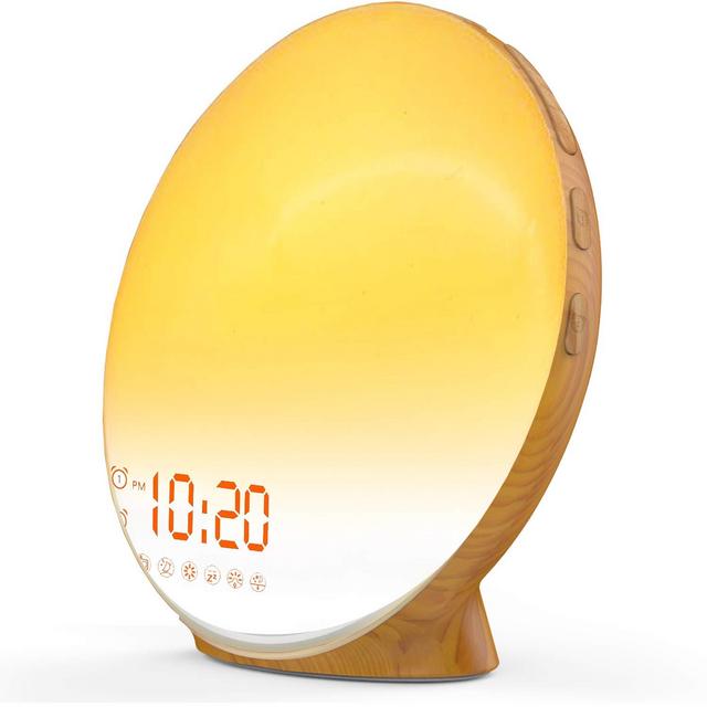 Wake Up Light Sunrise Alarm Clock for Kids, Heavy Sleepers, Bedroom, with Sunrise Simulation, Sleep Aid, Dual Alarms, FM Radio, Snooze, Nightlight, Daylight, 7 Colors, 7 Natural Sounds, Wood Color