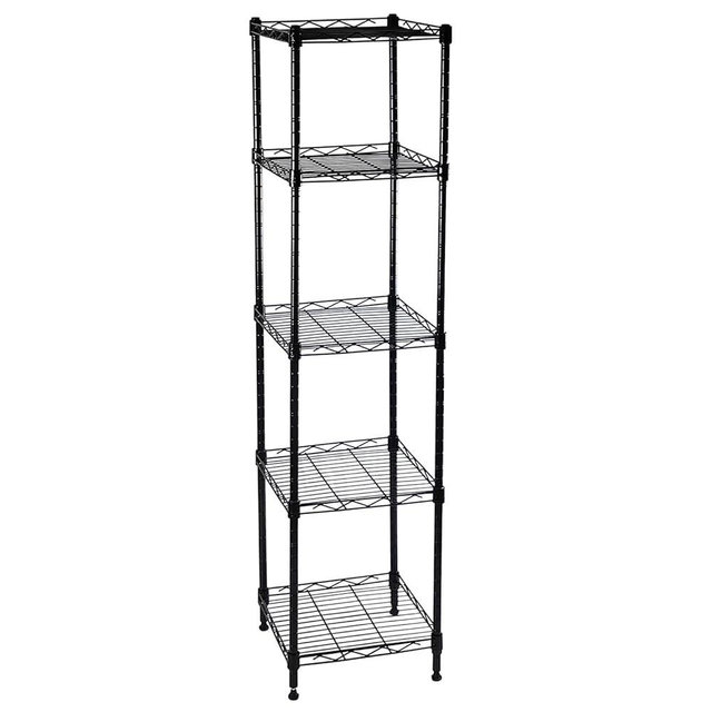 HESESOH 5-Wire Shelving Adjustable Shelves, Standing Storage Shelf for Laundry Bathroom Kitchen Pantry Closet Organization (Glossy Black, 11.8" L x 11.8" W x 50.5" H)