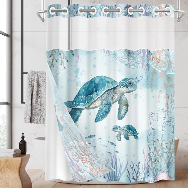 Nesphy No Hook Sea Turtles Shower Curtain with Snap in Fabric Liner Set, Summer Ocean Beach Double Layers Waterproof Fabric with See Through Top Window Open Grommet Bath Curtain 71x74 Inch