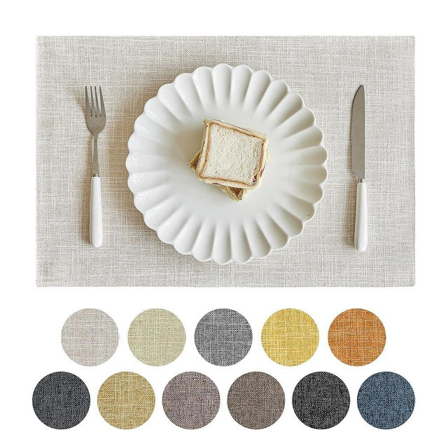 Softalker Faux Linen Placemats Set of 6-12 x 18 Inch, Heat Resistant Double Layered Durable Burlap Farmhouse Place Mats, Non-Slip Washable Rustic Table Mats for Dining, Kitchen, Party（Cream