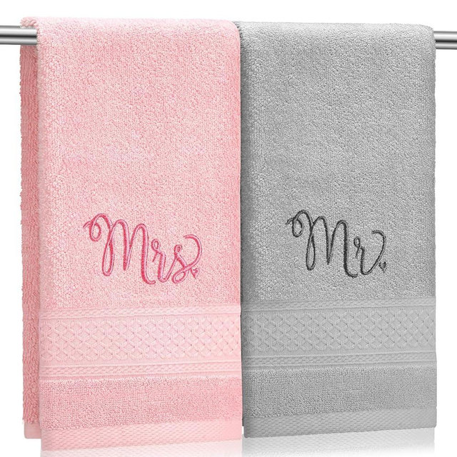 Tingjoo 2 Pcs Mr. and Mrs. Hand Towels 100% Cotton Embroidered Bathroom Towel Wedding Mr. and Mrs. Gift for Couple, Anniversary Bathroom Decor 29 x 13 Inch(Gray, Pink)