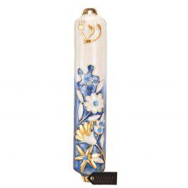 Blue and Ivory Crystaled Hand Painted Flower Mezuzah Case