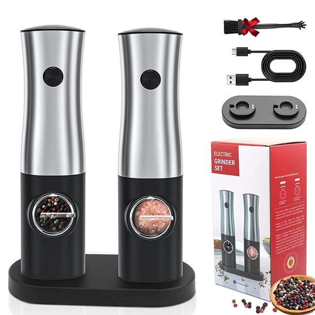 Electric Salt and Pepper Grinder Set, 2 Gravity Automatic Salt & Pepper Grinder with Dual Charging Base，LED Light, One Hand Operation