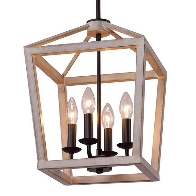 Q&S Farmhouse Rustic Chandelier Light Fixture,Oak White+ORB,Vintage Pendant Light Fixtures for Entryway Kitchen Island Dining Room Bedroom Locker Gazebo Foyer,Entrance,4 Lights E12