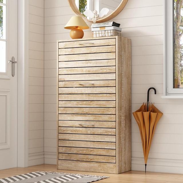 JOIKUJIA Shoe Cabinet with 3 Flip Drawers, Narrow Shoe Storage with Adjustable Shelf, Small Shoe Organizer Rack, Louvered Pattern, for Entryway Brown Wood Grain, 22.4”W x 9.4”D x 42.3”H