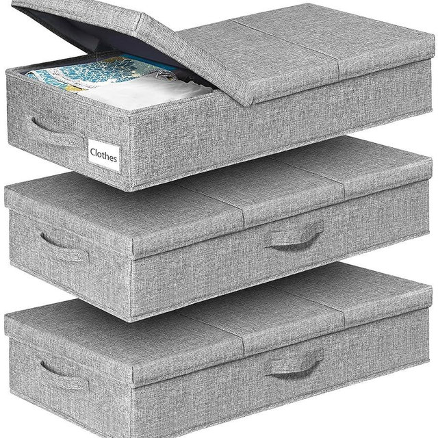 punemi Under Bed Storage For Clothes, Set Of 3 Large Stackable Blanket Storage W/ 3 Handles, Long Flat Firm Sides Organization And Storage With Foldable Lid For Comforter Shoe Toy Bedroom Closet