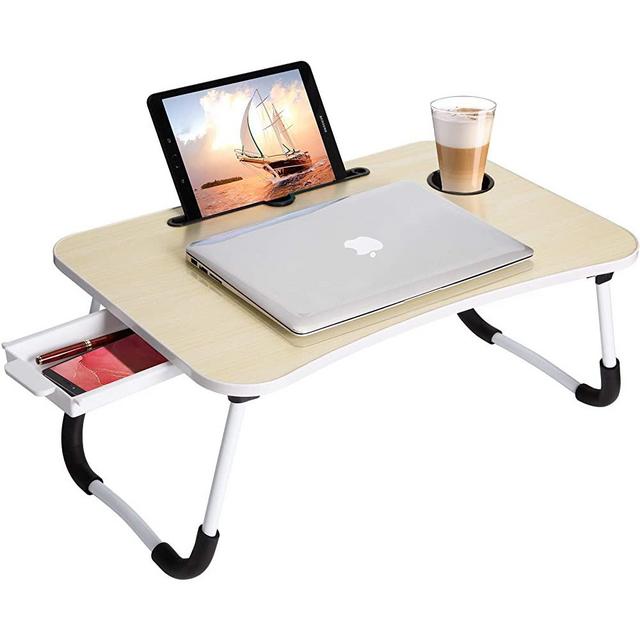 Lap Desk: Laptop Bed Desk Lap Tray Table Large Portable Foldable Computer bedtray, Laptop Lap Desk Stand with Cup Holder/Phone Holder/Storage Drawer for Working Writing Reading Eating Lapdesk, Beige