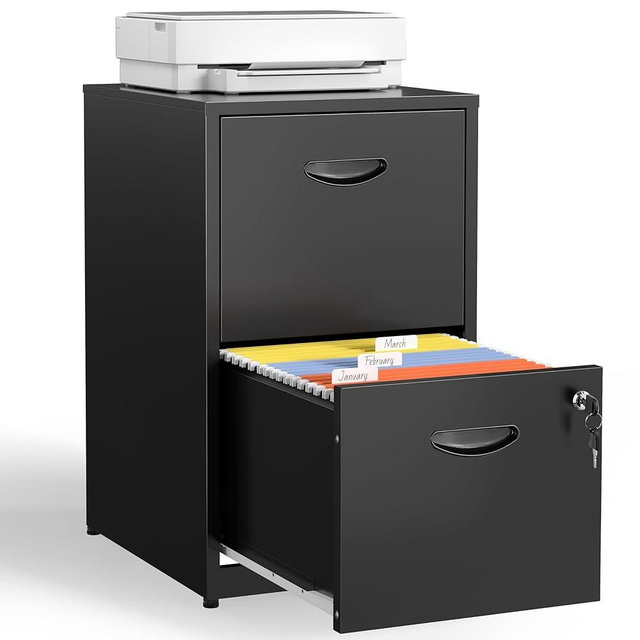 Kubohogar 2 Drawer File Cabinet with Lock,Black Metal Filing Cabinets,Vertical Locking File Cabinet Fit Hanging Files, Letter,File Box and A4 Documents (Black)