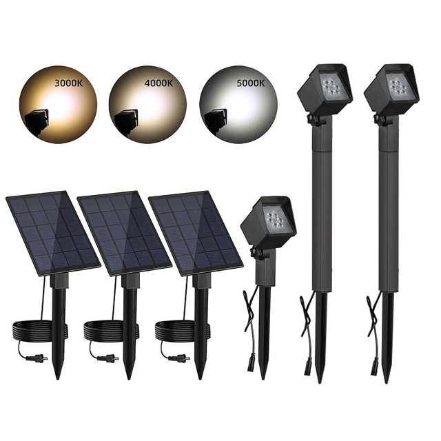 Solar Spot Light Landscape Lighting - 3 Pack of Outdoor Landscaping Light, 500 Lumen Garden or Accent Lighting for House or Trees, Dual Beam Angle, and 3 Light Colors,10ft Cable and Remote Solar Panel