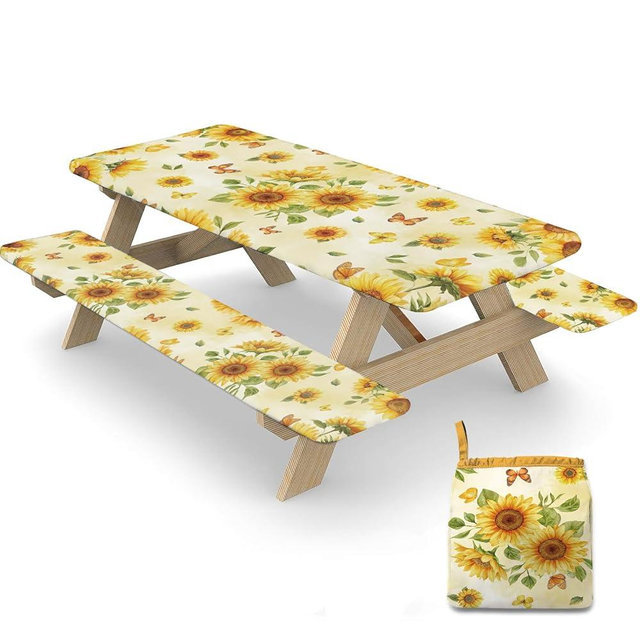 Picnic Table Cover with Bench Covers Elastic Edges, 3 Pcs Sunflower Fitted Table Cover with Drawstring Bag, Waterproof Windproof Aesthetic Camping Tablecloth, Outdoor Camping Essentials 72 Inch