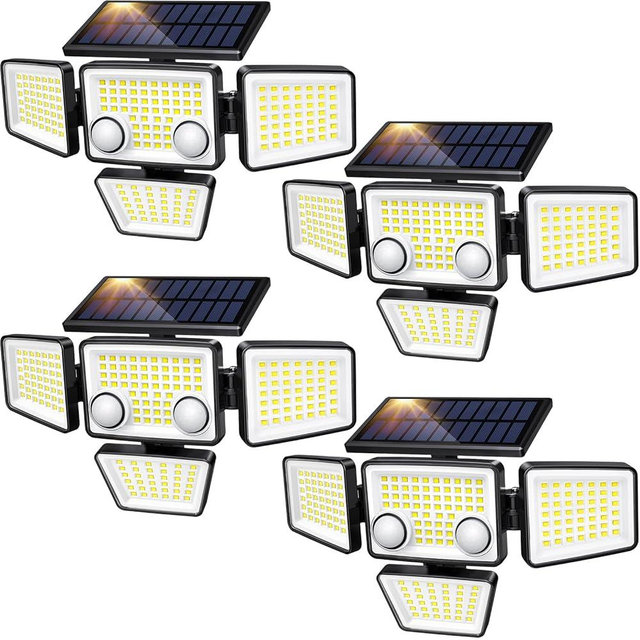 LYWALT Solar Lights Outdoor - 3000LM 188 LED Motion Sensor Outdoor Lights, 4 Heads IP65 Waterproof Powered Security Flood Lights, 270°Wide Lighting Angle Wall Light with Sensors for Backyard (4 Pack)