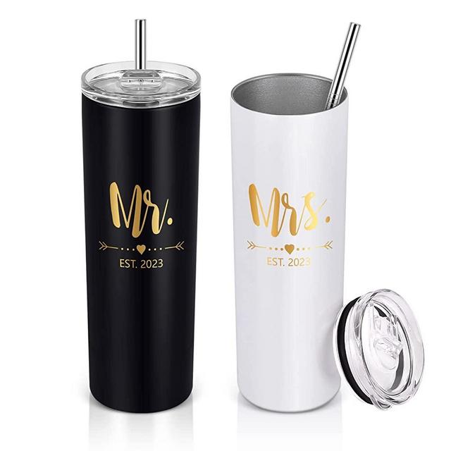Qtencas Mr and Mrs EST 2023 Gifts for Newlyweds Couples Wife, Wedding Engagement Anniversary, 20 oz Skinny Stainless Steel Tumbler Set, Insulated Travel Tumbler, Black and White