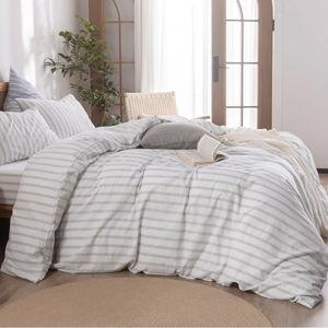 BESTOUCH Duvet Cover Set 100% Washed Cotton Linen Feel Super Soft Comfortable Chic Lightweight 3 PCs Home Bedding Set White & Cornflower Blue Stripes King