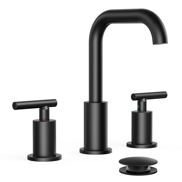 FORIOUS Matte Black Bathroom Faucet 3 Hole Widespread, 8 Inch Bathroom Sink Faucets Two-Handle with Pop Up Drain and Water Supplies for Vanity Restroom RV Lavatory Sink