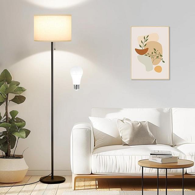 Ambimall Floor Lamps for Living Room with 3 Color Temperatures Bulb & Pull Chain Switch, 61.42" Modern Standing Floor Lamp for Bedroom Kids Room Study Room（Dark Beige Shade & Black Pole）