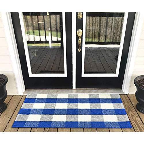 Levinis Buffalo Check Rug 2' x 3'- Cotton Washable Front Porch Rugs Door Mats Hand-Woven Checkered Plaid Rug for Entry Way/Kitchen/Bathroom/Bedroom, Blue and White Plaid