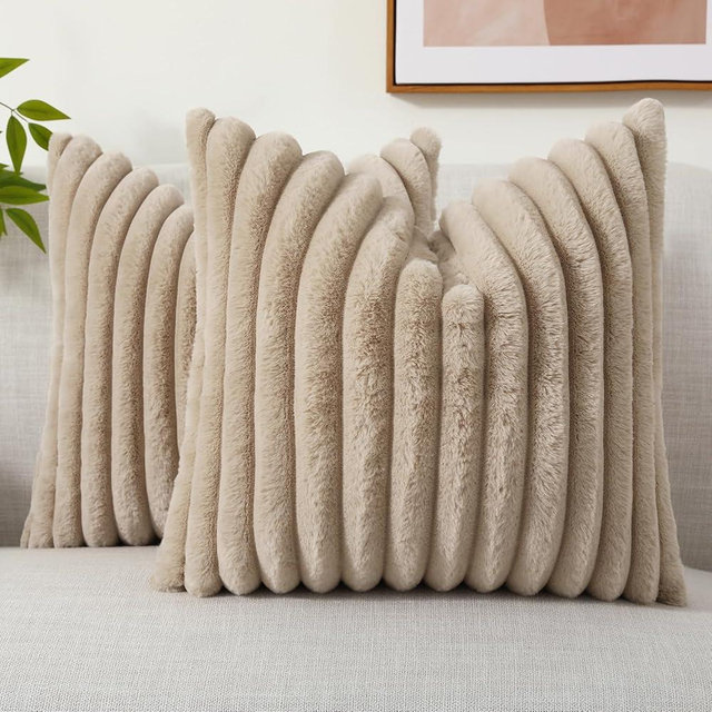 decorUhome Faux Fur Throw Pillow Covers 20x20 Set of 2, Decorative Soft Plush Striped Neutral Couch Pillow Covers with Velvet Back for Sofa, Bed, Living Room Home Decor, Khaki