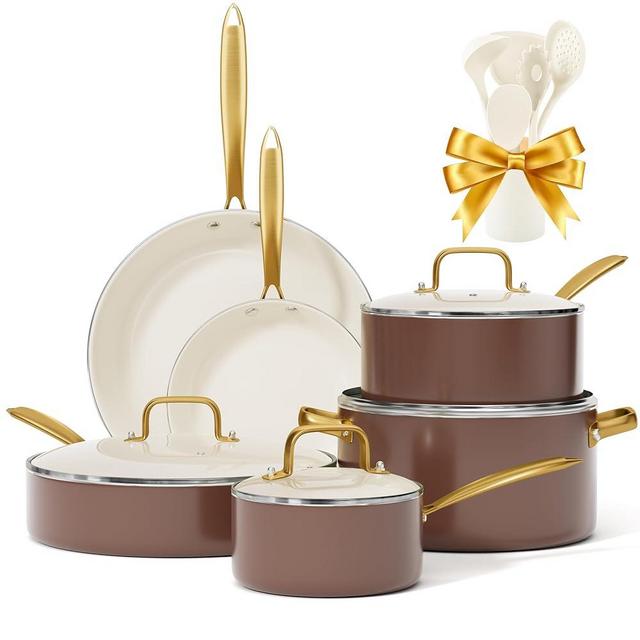 Kitchen Cookware Sets - VONIKI Ceramic Pots and Pans Set Non Stick with Cooking Utensils Set, Non Toxic Cookware Set Dutch Oven Pot with Lid Saucepan Set Sauté Pan Frying Pan Set for Cooking Gifts