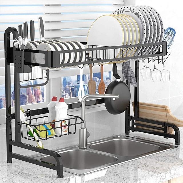 Dish Drying Rack Over the Sink,LeaderPro Premium 304 Stainless Steel Dish Drainer Shelf,Kitchen Supplies Storage Countertop Space Saver Display Stand Tableware Organizer Utensils Holder, Black