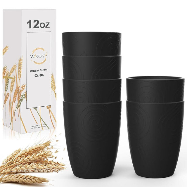 Wrova Wheat Straw Cups 6 PCS Good Alternative to Plastic Reusable Cups 12 oz Unbreakable Drinking Cup Reusable Dishwasher Safe Water Plastic Glasses Black