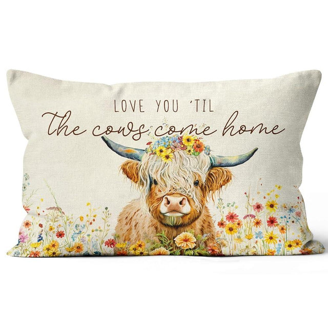 Palasarkaaa Highland Cow Wildflowers Farmhouse Spring Summer Decorative Pillows Covers 12x20 Inch for Home Decor, Love You Till The Cows Come Home Pillowcase Bedroom Living Room Sofa Themed Decor