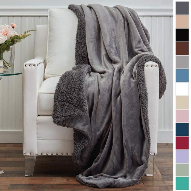The Connecticut Home Company Micromink Velvet with Sherpa Reversible Throw Blanket, Super Soft, Large Wrinkle Resistant Blankets, Warm Hypoallergenic Washable Couch or Bed Throws, 65x50, Gray