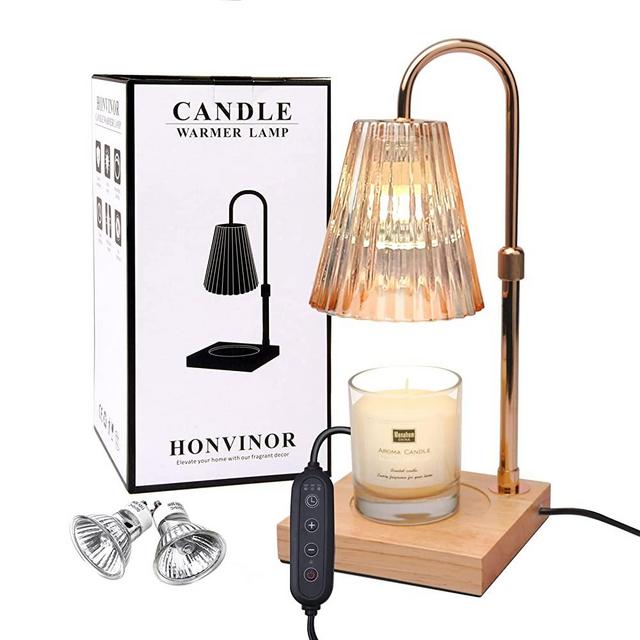 Honvinor Candle Warmer Lamp with Timer (2H/4H/8H), Adjustable Height&Brightness Candle Lamp, Compatible with Yankee Candle Large Jar, Dimmable Candle Warmer for Scented Candle (Natural Wood)