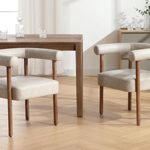 VESCASA Upholstered Dining Chairs with Natural Brush Wood Legs, Faux Leather Mid-Century Modern PU Dining Chairs with Curve Padded Open Back for Dining Room, Kitchen, Set of 2, Light Grey