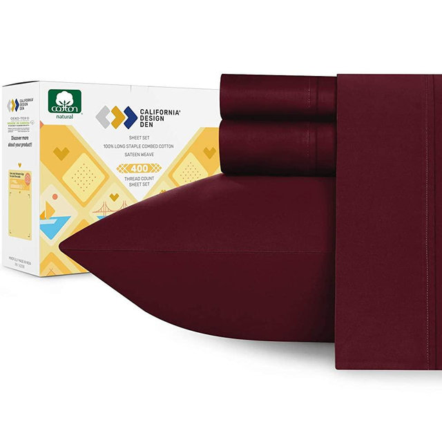 400-Thread-Count Queen Cotton Sheet Set - Solid Burgundy Red Wine Washable Bedding, Sateen Weave 4 Piece Bed Sheet Set, Elasticized Deep Pocket Fits Low Profile Foam and Tall Mattresses