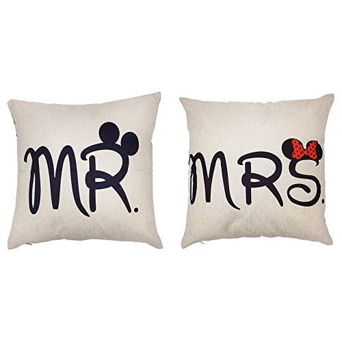 Arundeal 2-Pack Couple Decorative Throw Pillow Case Cushion Cover Set, Cotton Linen 18 x 18 Inches, Mr and Mrs, for Romantic Anniversary Wedding Gift Valentine's Day