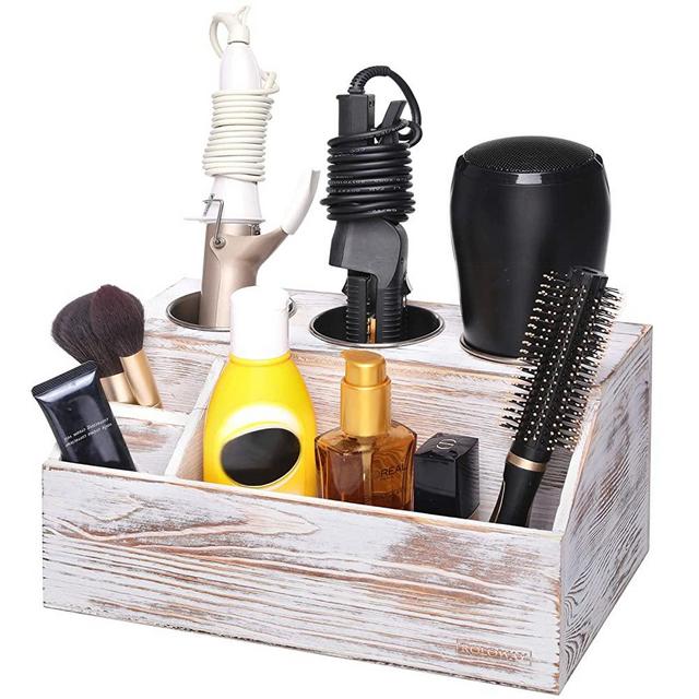 ROLOWAY Wooden Hair Tool Organizer - Blow Dryer Holder - Curling Iron Holder - Flat Iron Holder - Hair Styling Tools & Accessories Organizer - Bathroom Vanity Countertop Organizer (Rustic)