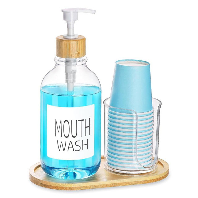 Mouthwash Dispenser with Cup Holder, Plastic Mouth Wash Pump Bottle with Tray for Bathroom Organizers, 17oz Refillable Clear Mouthwash Container - Bamboo