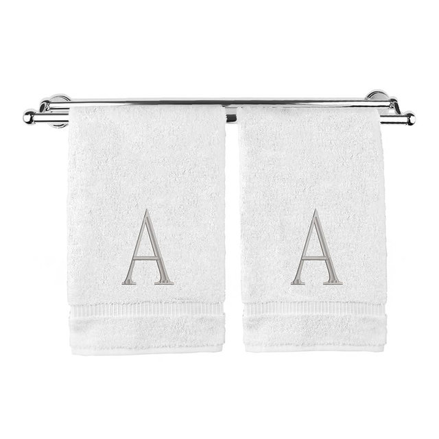 Monogrammed Hand Towel, Personalized Initial Gift, Extra Absorbent 100% Turkish Cotton - Soft Terry Finish - Set of 2 - Silver Block Initial A - Embroidered on White Towels