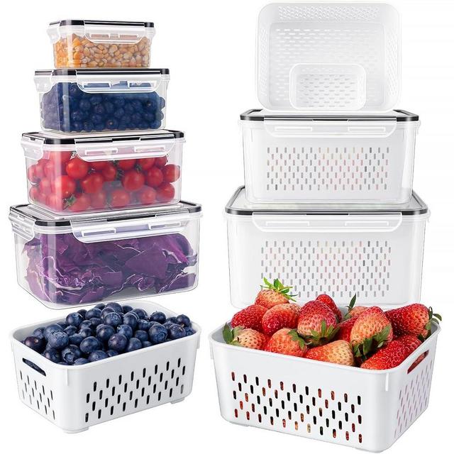 6 PCS Large Fruit Containers for Fridge - Leakproof Food Storage Containers with Removable Colander - Dishwasher & Microwave Safe Produce Containers Keep Fruits, Vegetables, Berry, Meat Fresh longer…
