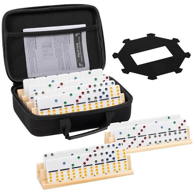 DAILYLIFE Dominoes for Kids, Double 6 Dominoes Set with 4 Wooden Racks/Trays, Double Six Dominoes Set with Portable Case, 28 Tiles Dominos Set for Family Board Games