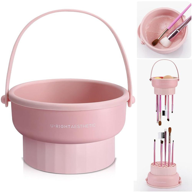 Makeup Brush Cleaner Mat 3 in 1 Silicone Makeup Brush Cleaner Bowl Cosmetic Brushes Cleaning Tool Organizer for Storage and Air Drying (Pink)