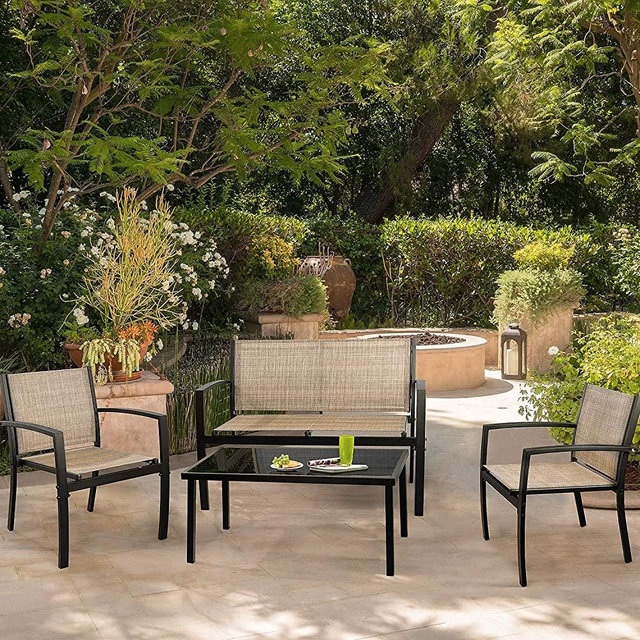 JUMMICO 4 Pieces Patio Furniture Set Modern Conversation Set Outdoor Garden Patio Bistro Set with Glass Coffee Table for Home, Porch, Lawn (Yellow)