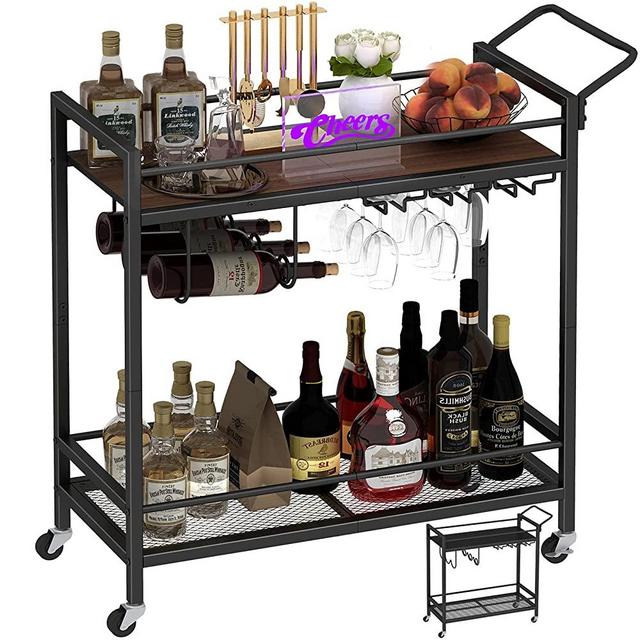 LAATOOREE Bar Cart, Two-Color Home Bar Serving Cart, Mobile Drink Beverage Cart with 2 Storage Shelves, Rolling Kitchen Cart with Wine Holder and Glass Holder, for Dinning Room, Living Room, Kitchen