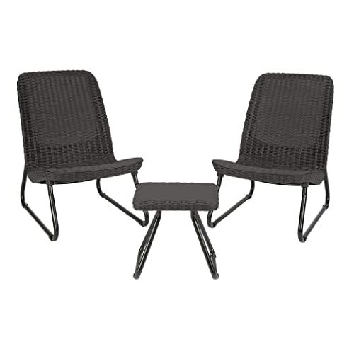 Keter Rio 3 Pc All Weather Outdoor Patio Garden Conversation Chair & Table Set Furniture, Grey